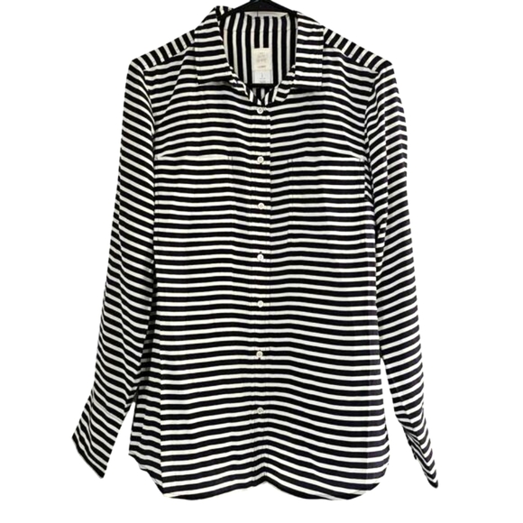 J. Crew Womens The Boy Shirt 8 100% Silk Navy Cream Stripe Pockets Button Blouse - Picture 1 of 10